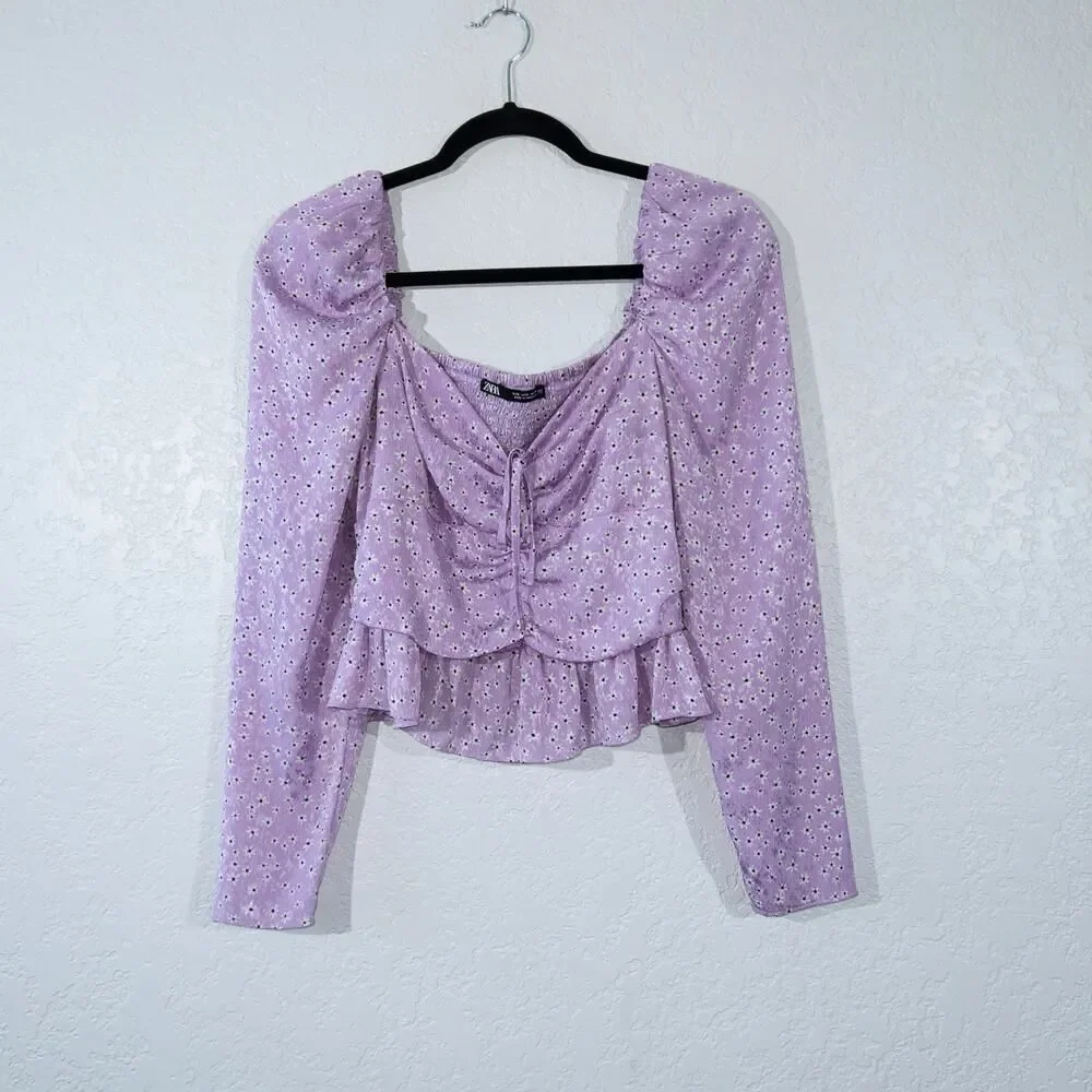 New Zara Purple Daisy Floral Long‎ Sleeve Crop Top Size Large
